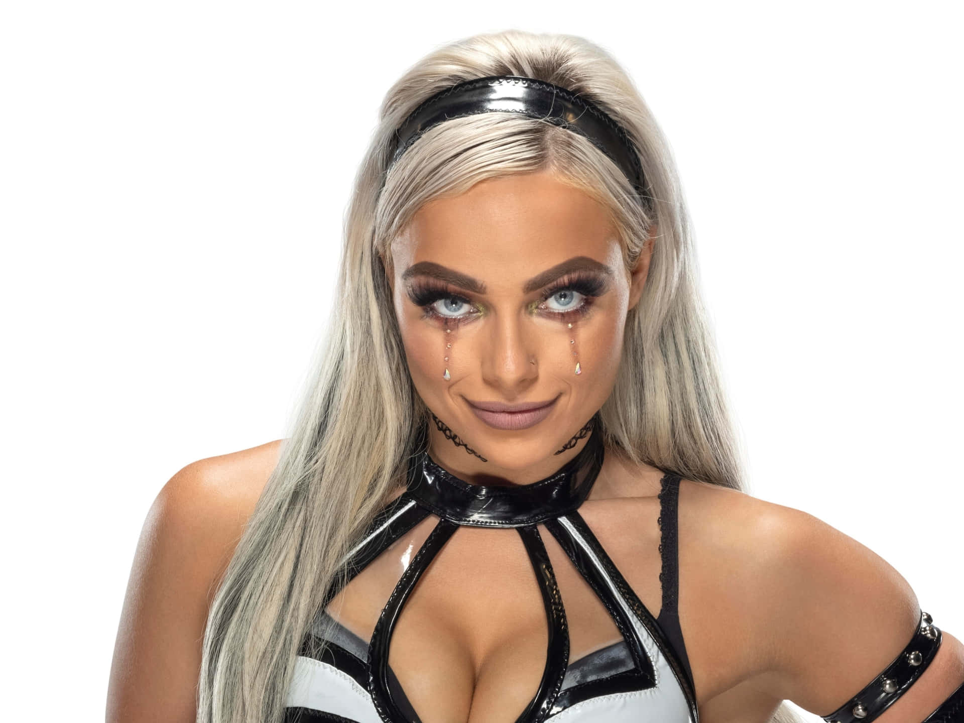 Liv Morgan, black and white latex outfit, tears streaming down her face, Full HD Desktop Wallpaper