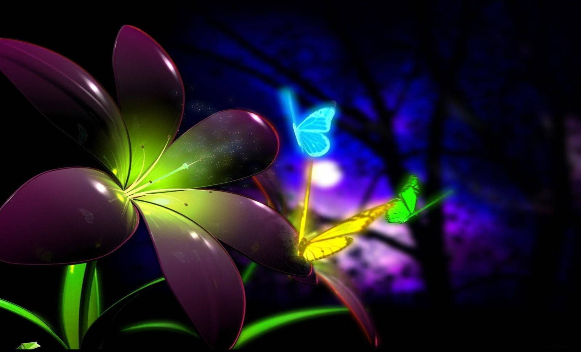 Live 3d, glowing purple flower, neon butterflies, Full HD Desktop Wallpaper