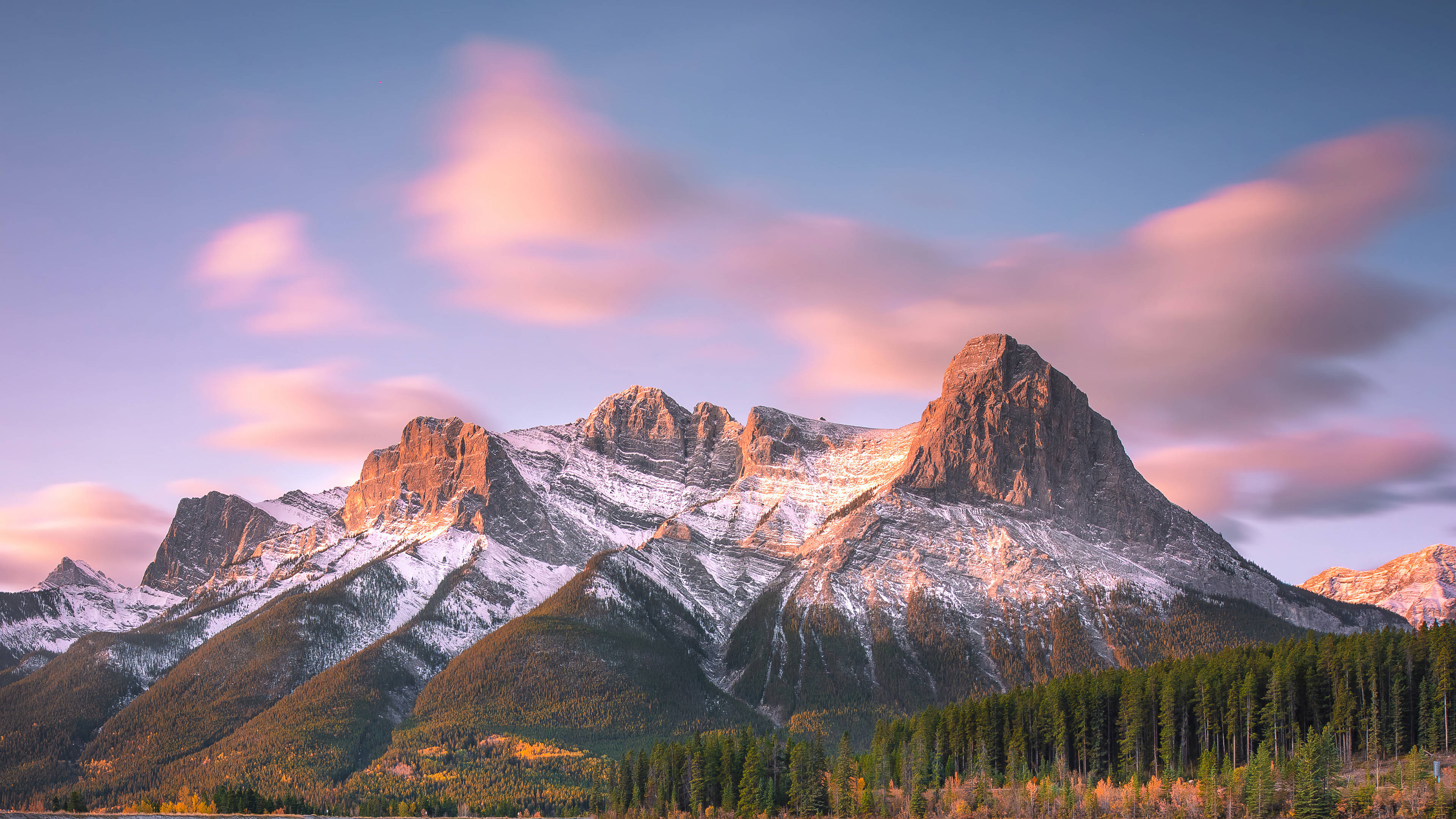 snow-capped mountain, sunset, pink clouds, 4K Desktop Wallpaper