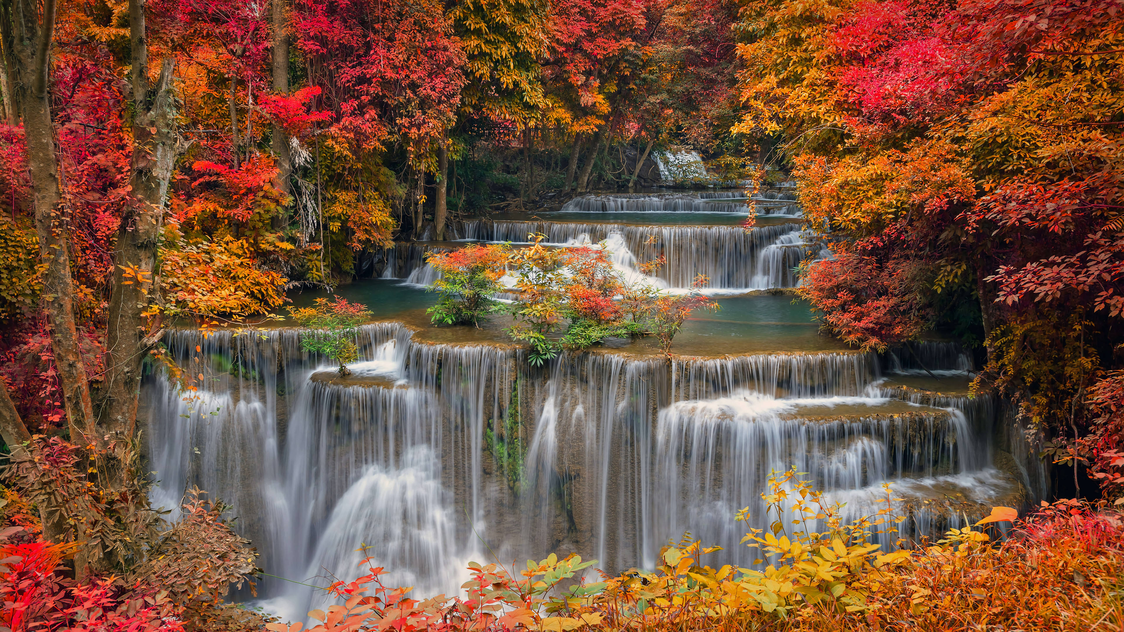 Live 4K UHD, autumn waterfalls, fiery reds, 4K Desktop Wallpaper