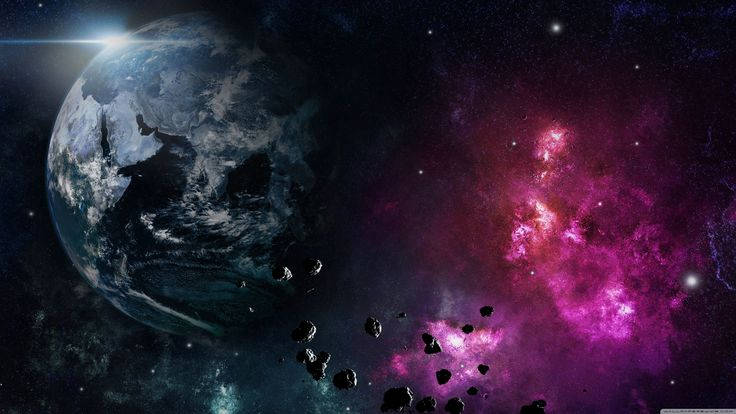 Earth, vibrant pink nebula, asteroids, SD Desktop Wallpaper