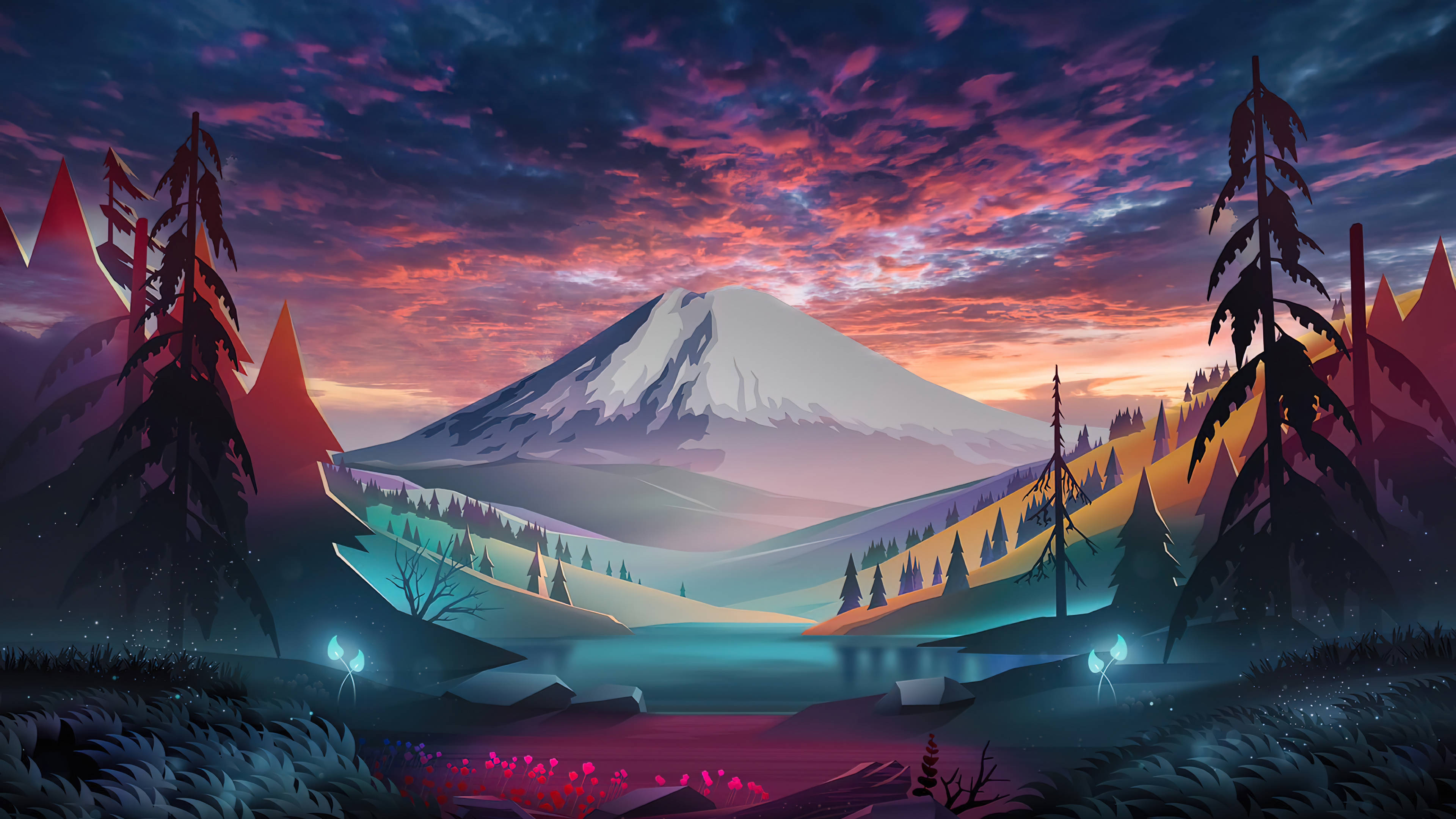 Surreal Live 4K UHD Mountainscape, twilight, vibrant purple orange and teal skies, 4K Desktop Wallpaper
