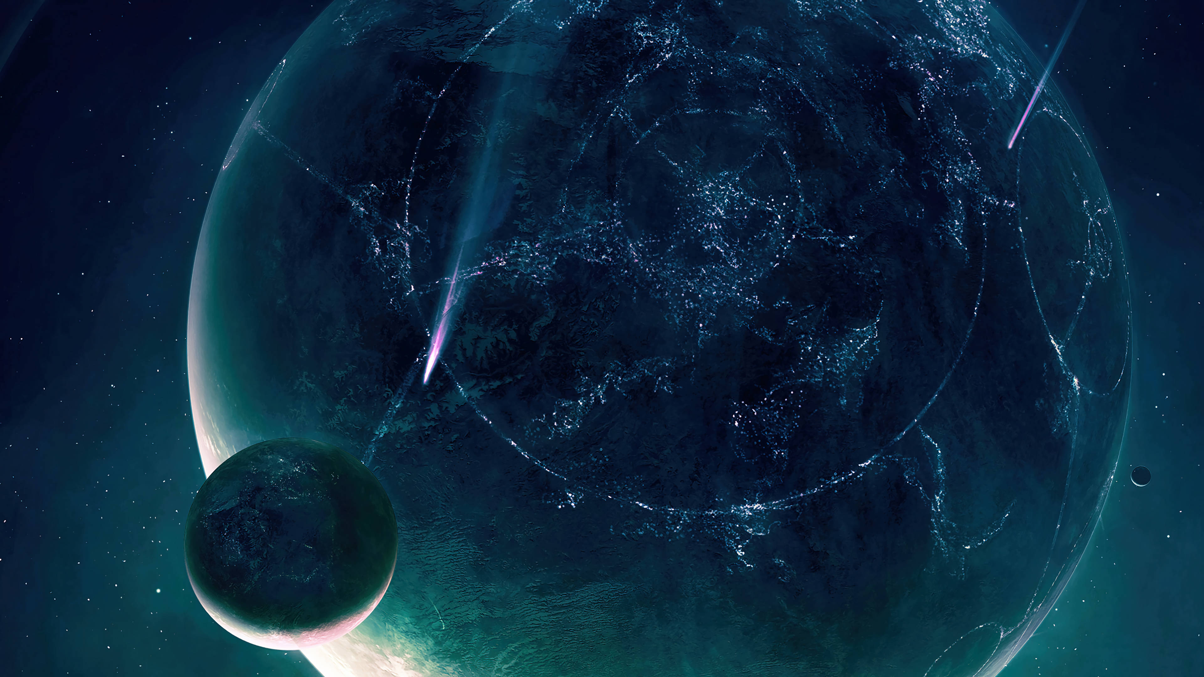 Live 4K UHD, glowing blue planet, glowing city lights, 4K Desktop Wallpaper