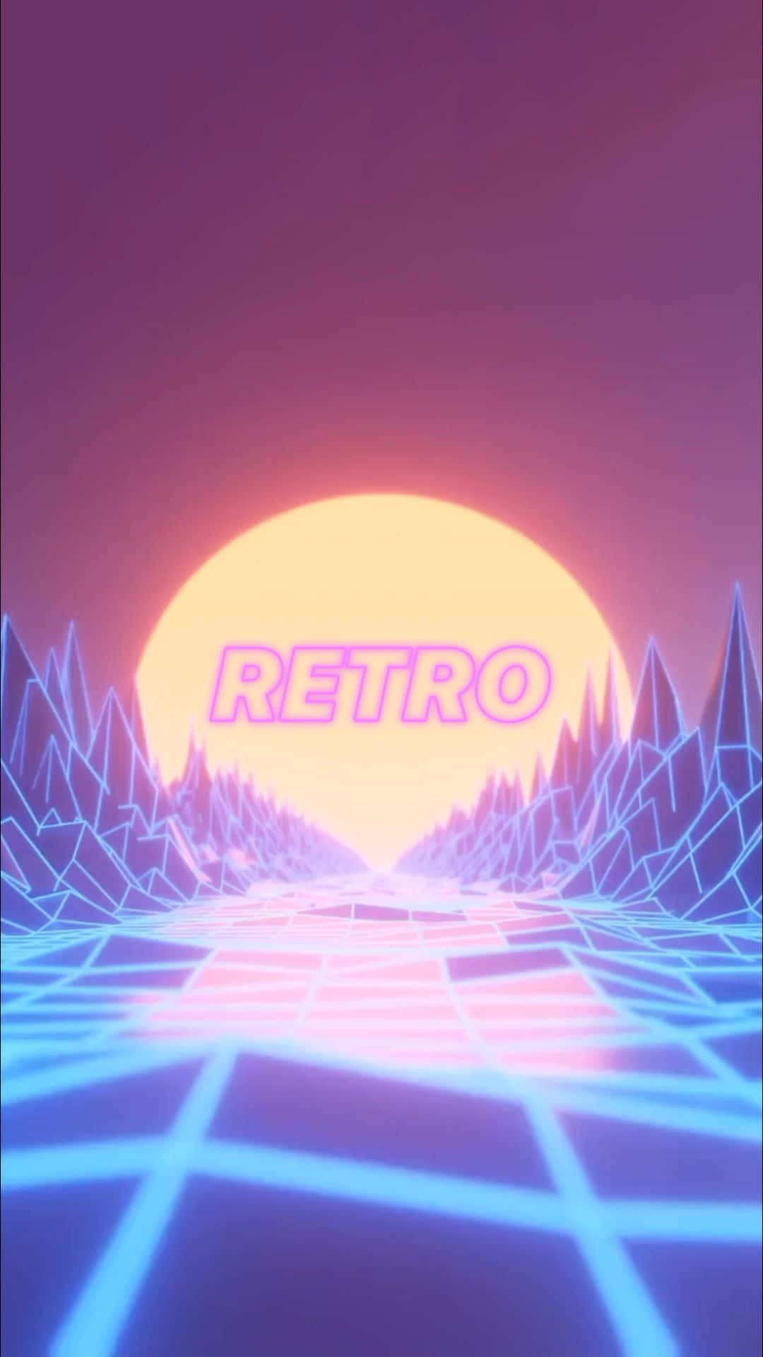 neon grid road, glowing sun, jagged purple mountains, Full HD Phone Wallpaper