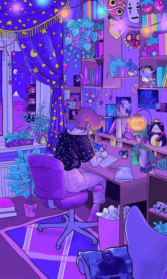 purple desk, whimsical, starry-themed room, SD Phone Wallpaper