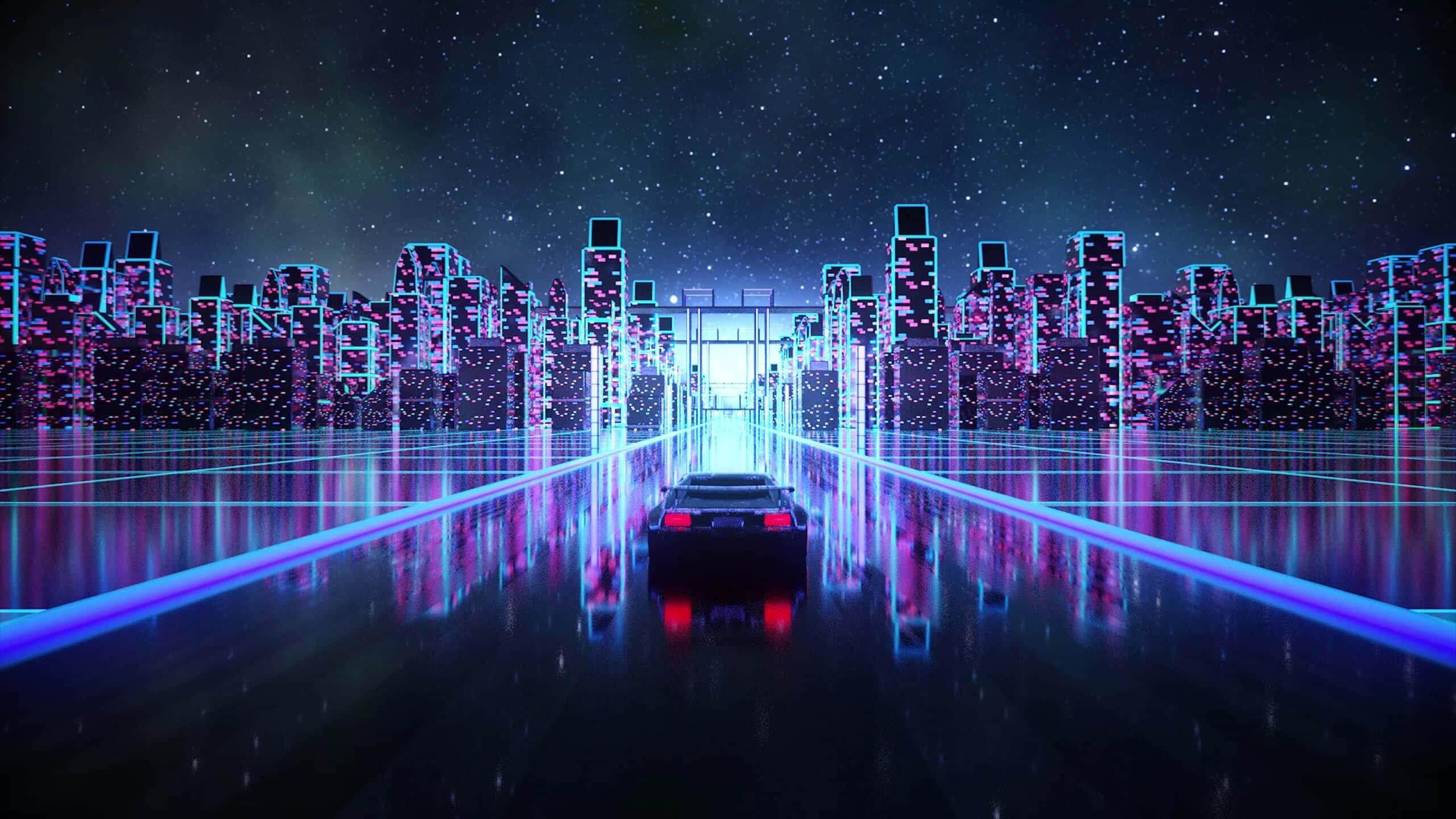 sleek black car, glowing neon avenue, radiant portal, 2K Desktop Wallpaper