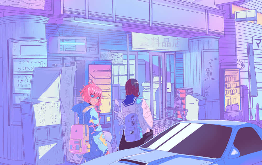 Live Aesthetic, glowing purple storefront, neon-drenched urban alley, SD Desktop Wallpaper