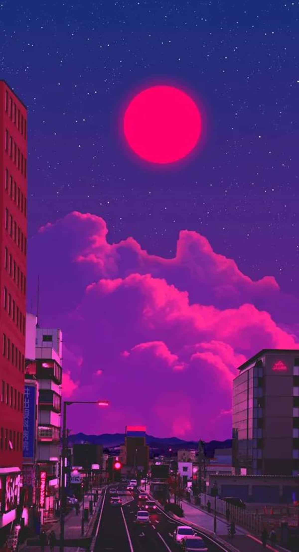 neon pink moon, purple clouds, glowing streetlights, Full HD Phone Wallpaper