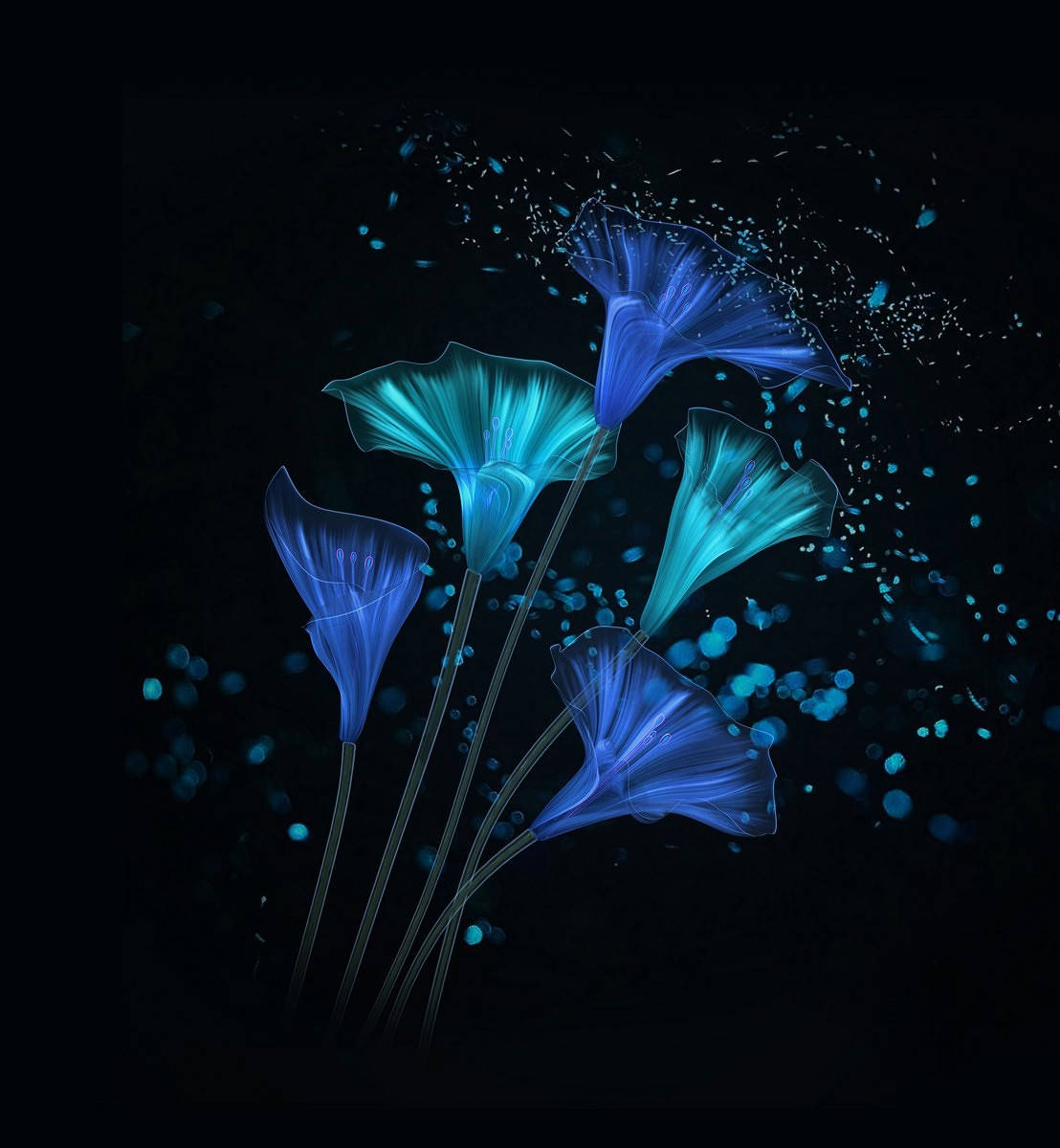 blue neon flower, glowing blue translucent flowers, dark background, SD Phone Wallpaper
