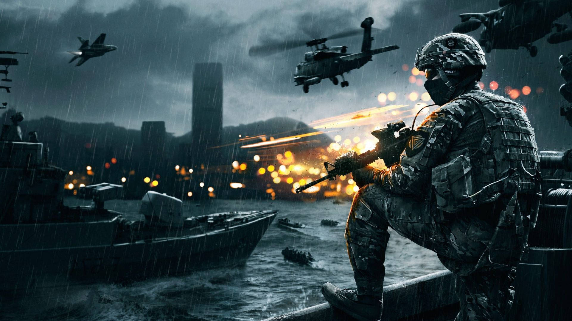 rainy battlefield, soldier in full gear, boat, Full HD Desktop Wallpaper