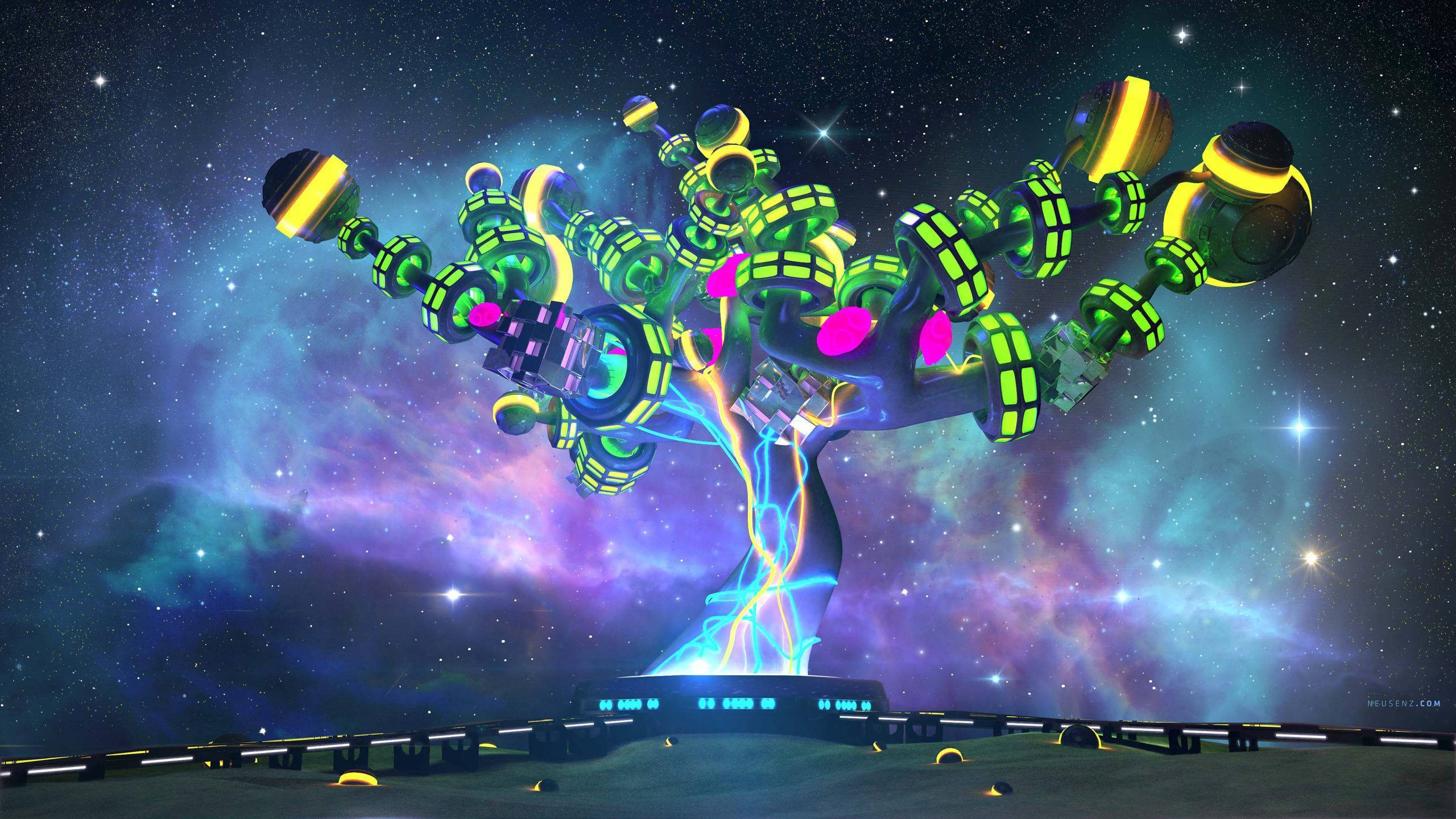 neon abstract tree, mechanical limbs, glowing orbs, 2K Desktop Wallpaper