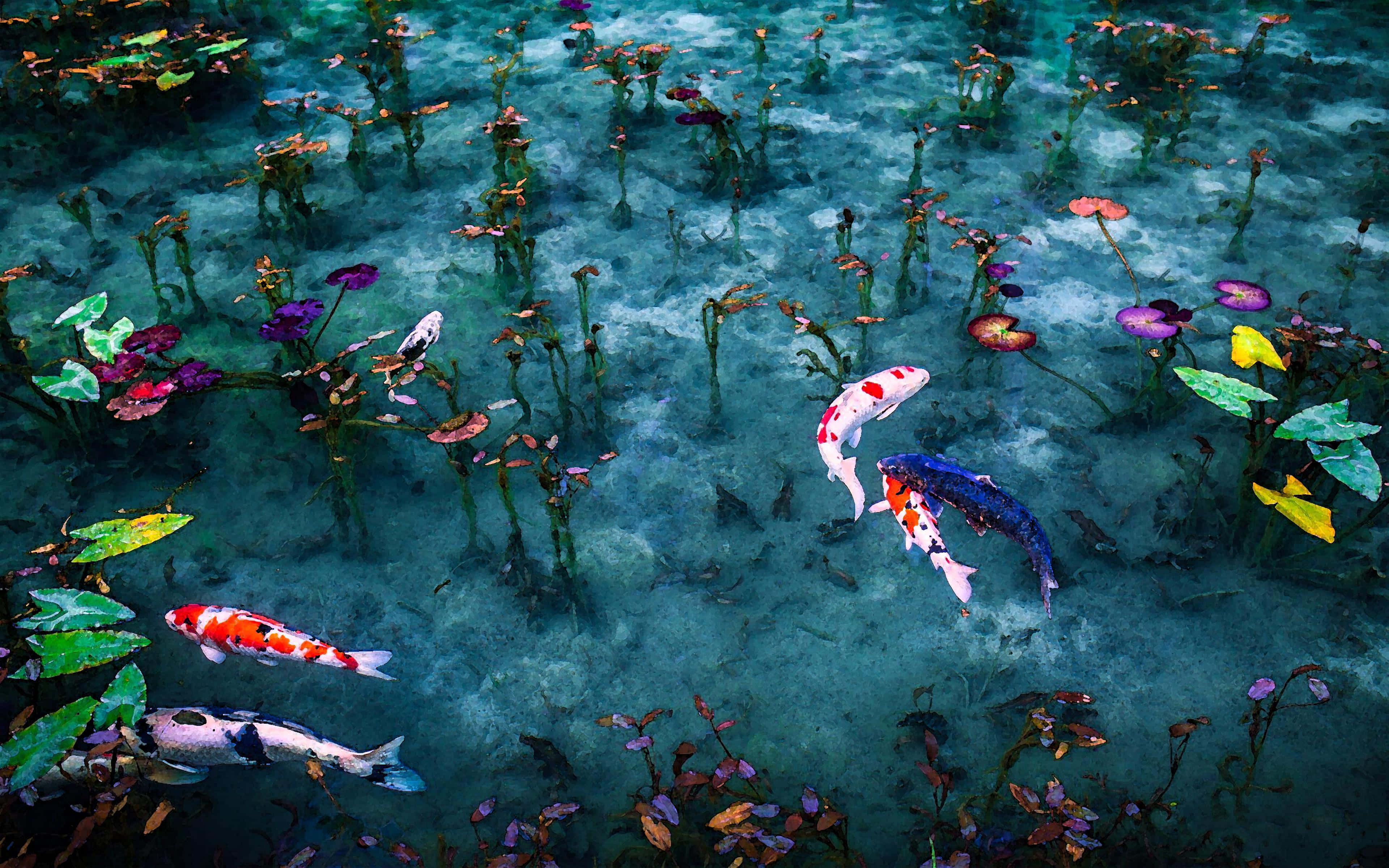 Live Koi Fish, lily pads, turquoise water, 4K Desktop Wallpaper