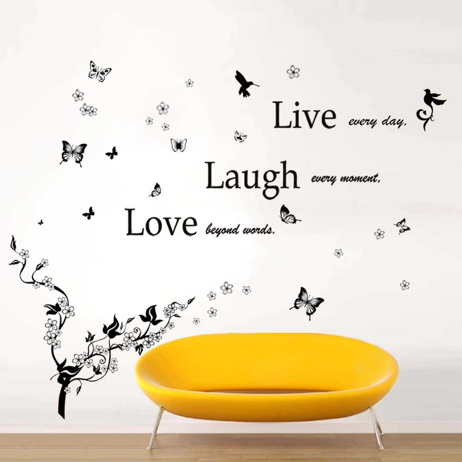 Live Laugh Love, bright yellow, modern sofa, HD Desktop Wallpaper