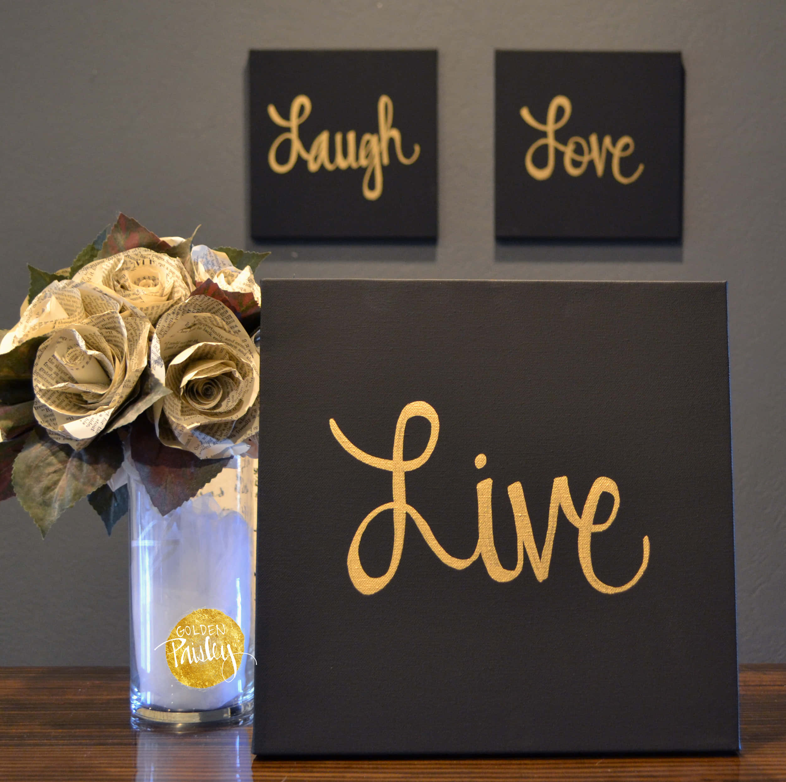 Live Laugh Love, black canvases, gold cursive text, Full HD Desktop Wallpaper