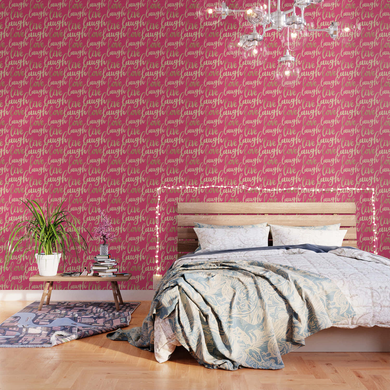 Live Laugh Love, pink wall, wooden bed, HD Desktop Wallpaper