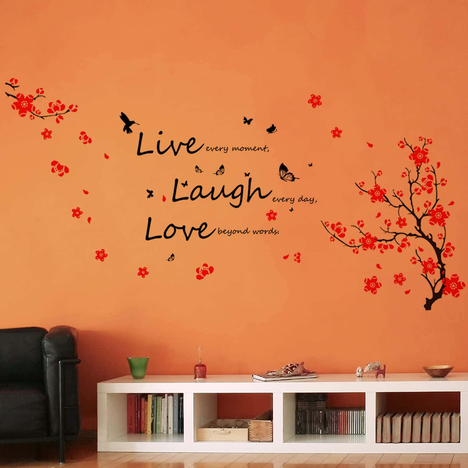 Live Laugh Love, cherry blossom decals, vibrant orange wall, HD Desktop Wallpaper