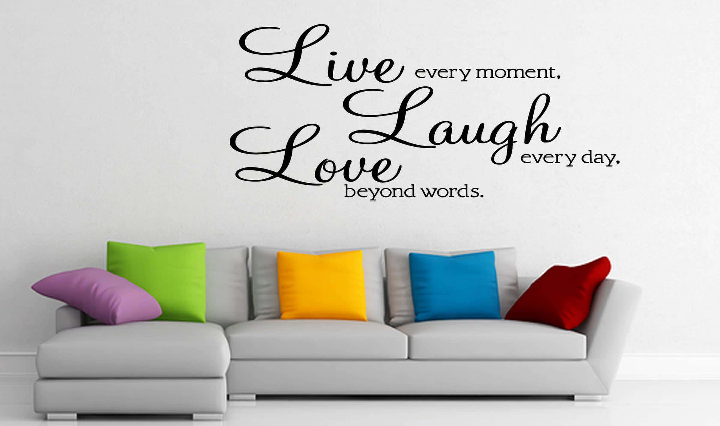 Live Laugh Love, modern gray sectional sofa, colorful pillows, Full HD Desktop Wallpaper
