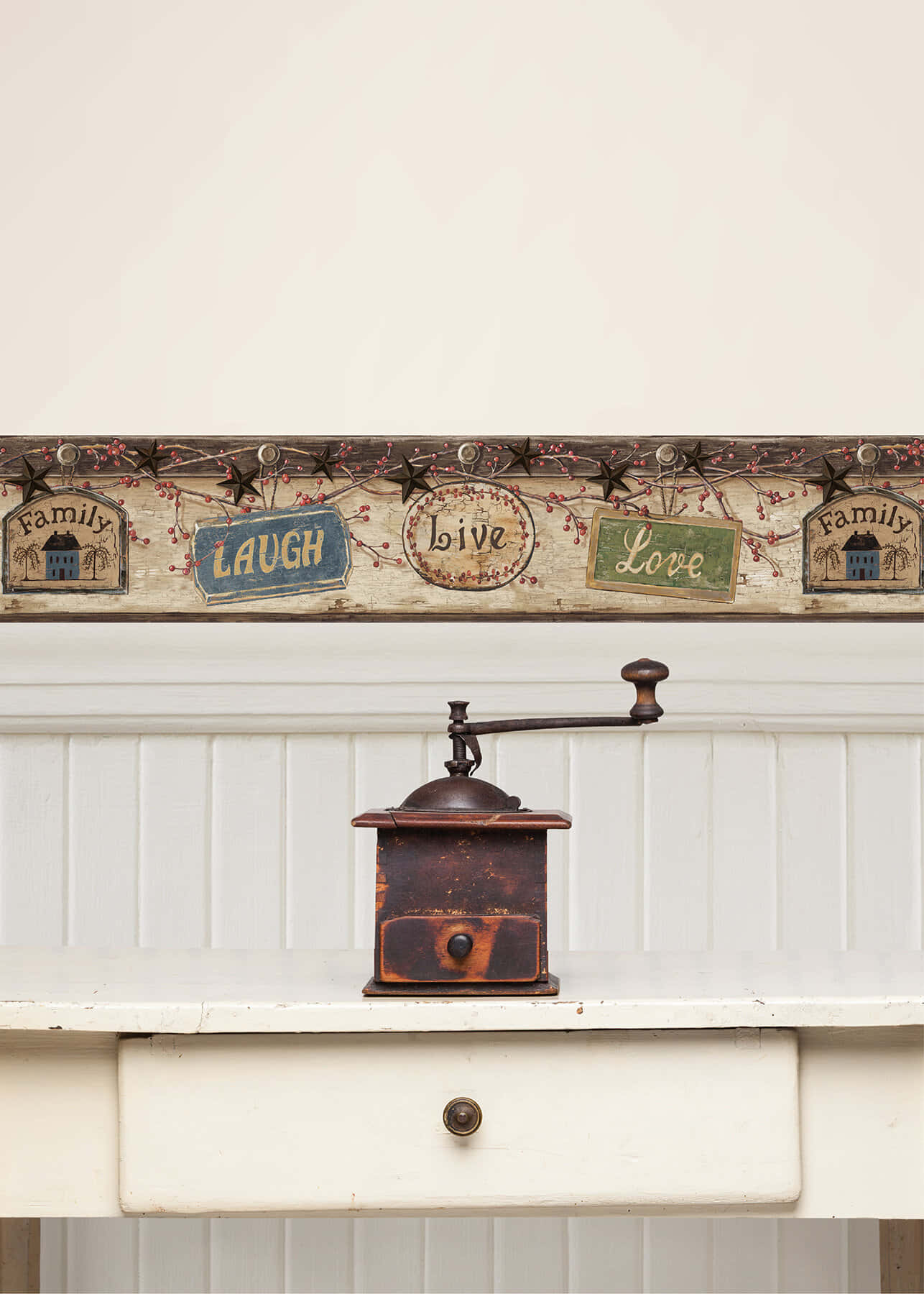 Live Laugh Love, vintage coffee grinder, white wooden dresser, HD Phone Wallpaper