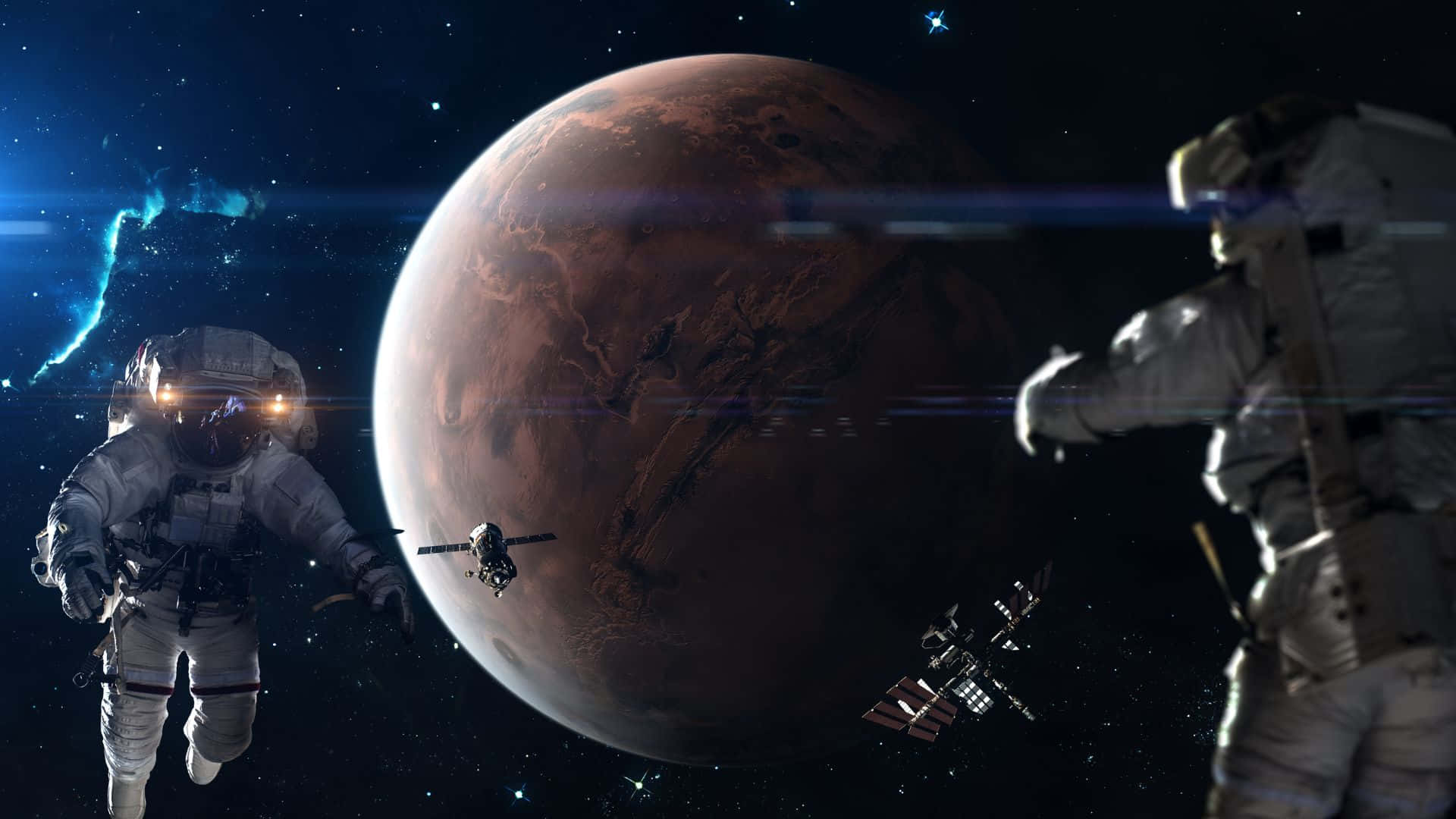 Live Space, reddish planet, orbiting satellites, Full HD Desktop Wallpaper
