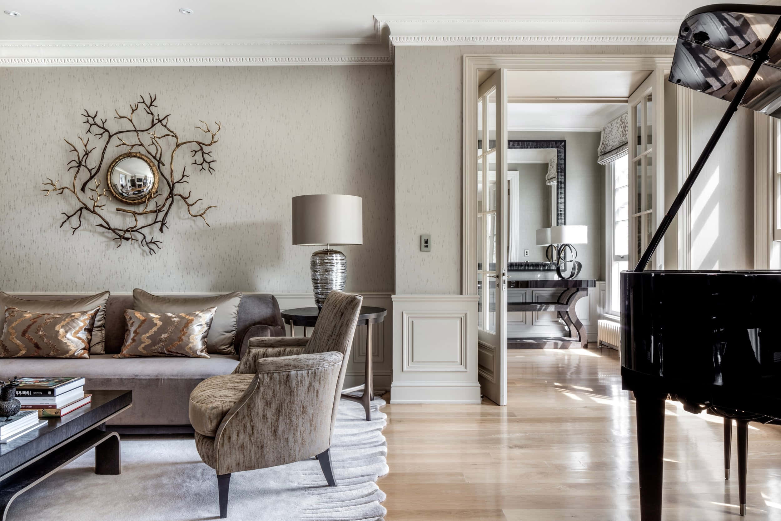 Fancy Living Space, grand piano, textured sofa, Full HD Desktop Wallpaper