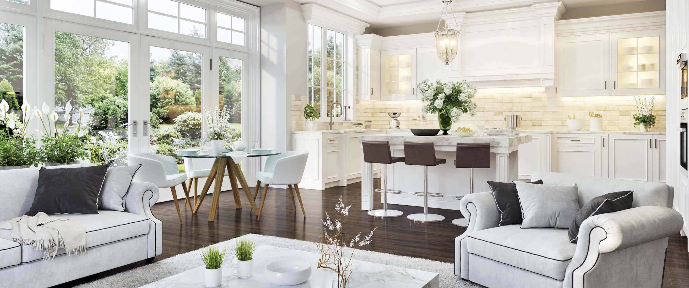 bright open plan living space, white cabinetry, glass doors, 2K Desktop Wallpaper
