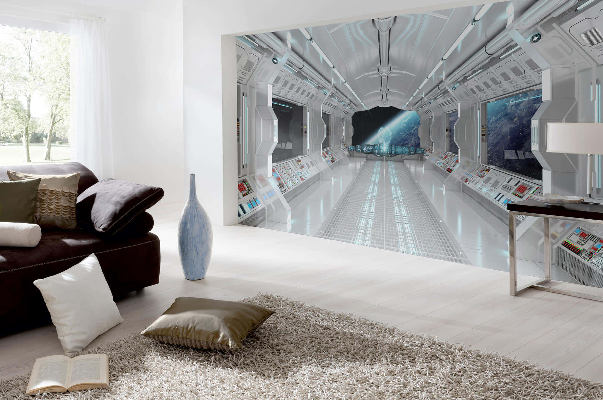spaceship corridor, glowing panels, starfield views, Full HD Desktop Wallpaper
