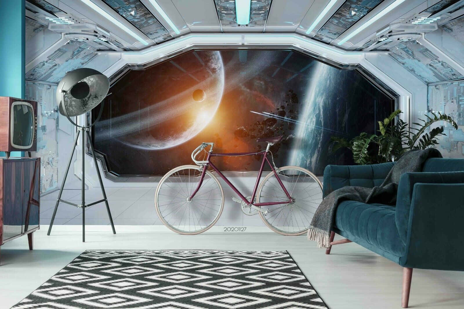 retro-futuristic living room, cosmic planet mural, vintage bicycle, HD Desktop Wallpaper