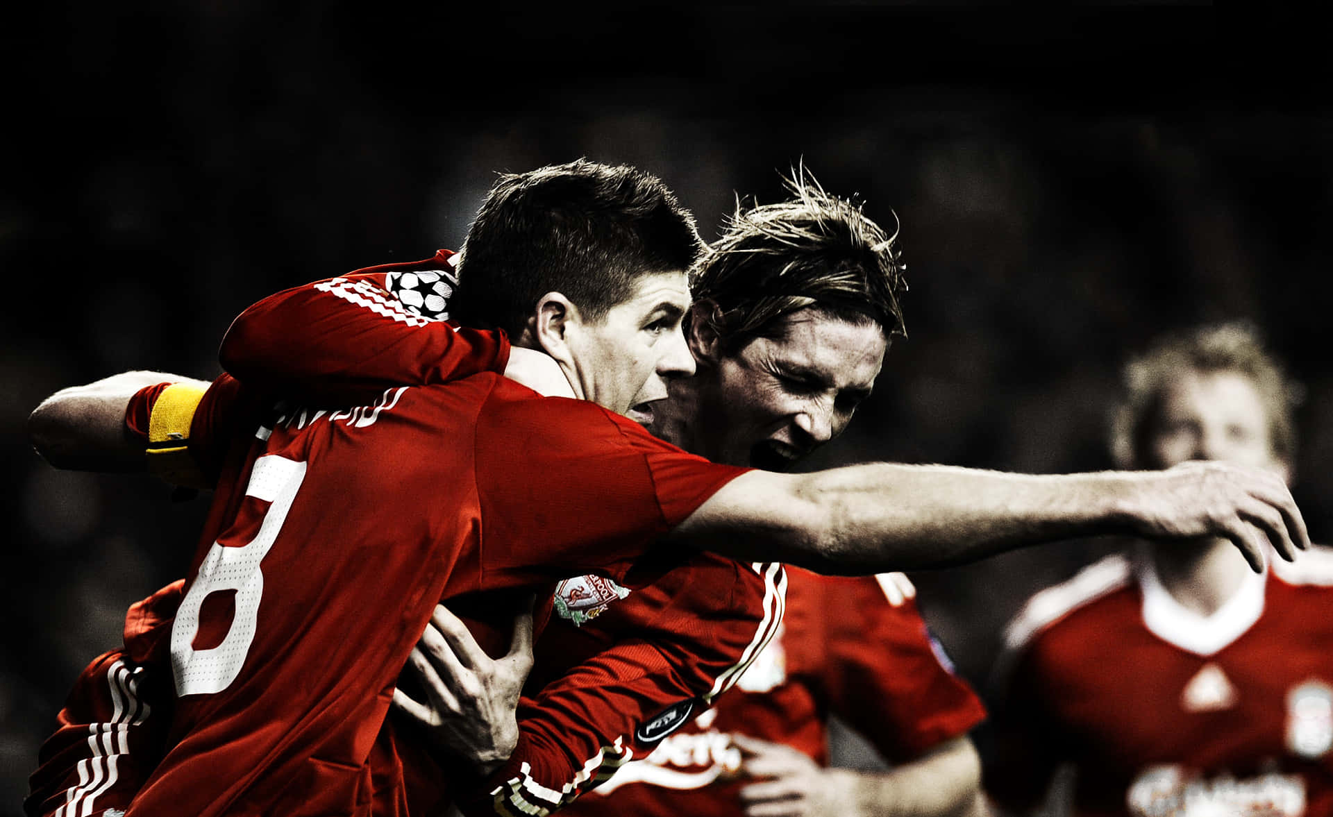 Liverpool FC, red jerseys, nighttime match, Full HD Desktop Wallpaper