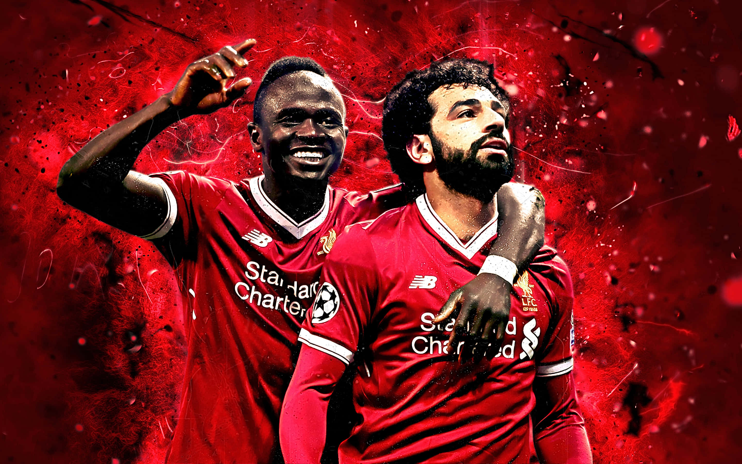 Liverpool FC, red jerseys, vibrant red splatter background, 2K Desktop Wallpaper