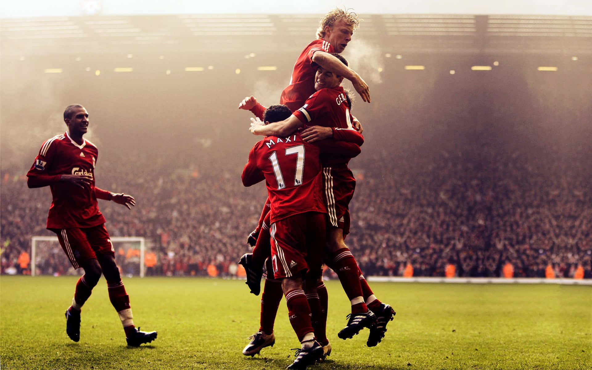 Liverpool FC, red jerseys, goal celebration, Full HD Desktop Wallpaper