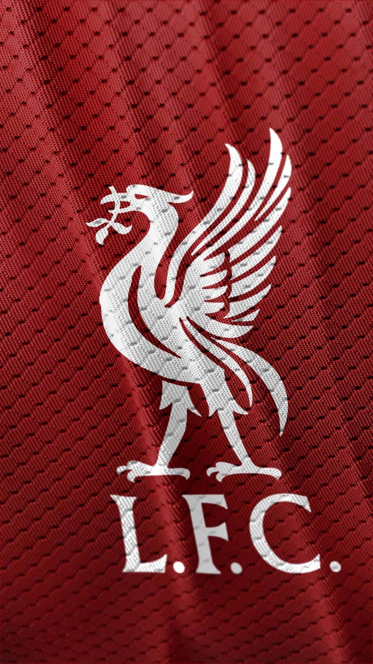 Liverpool FC crest, winged liver bird, textured red sports jersey fabric, 2K Phone Wallpaper