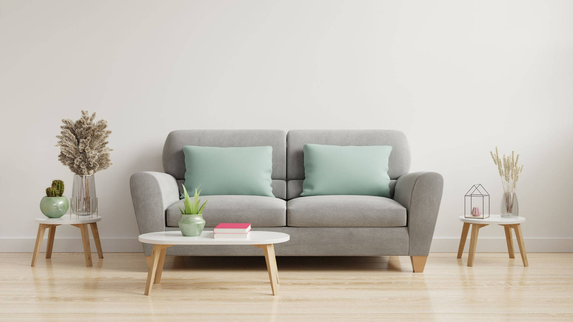 minimalist living room, gray sofa, mint green pillows, Full HD Desktop Wallpaper