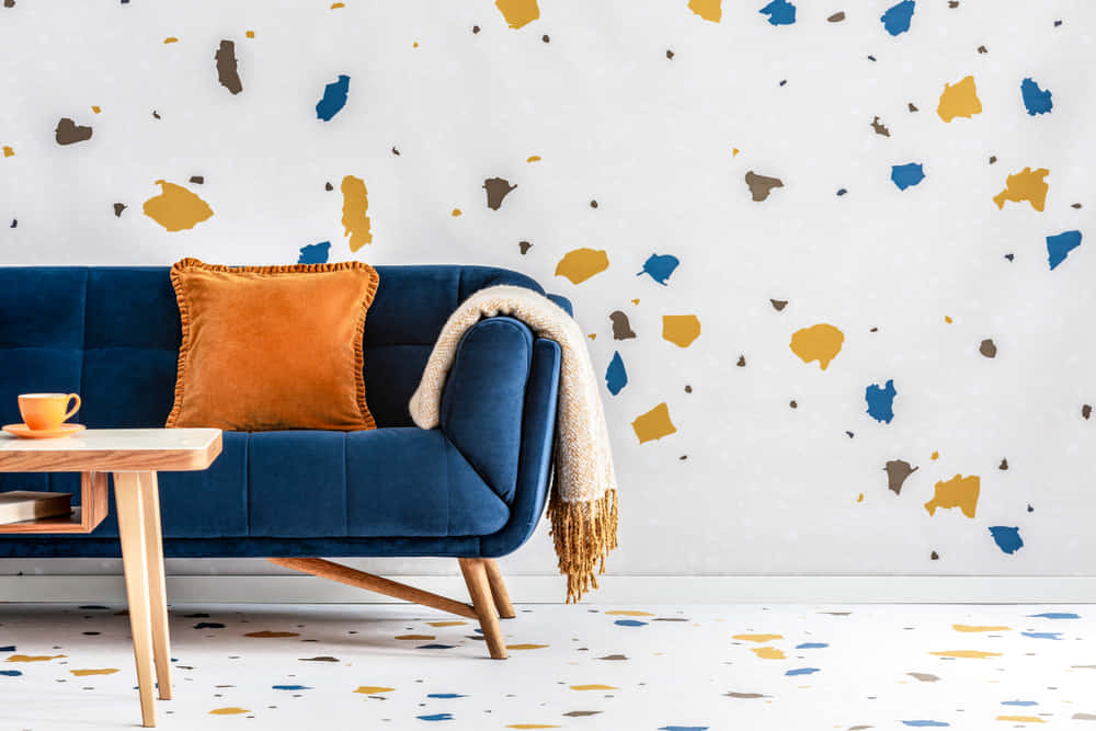 blue velvet sofa, orange pillow, cream throw, SD Desktop Wallpaper
