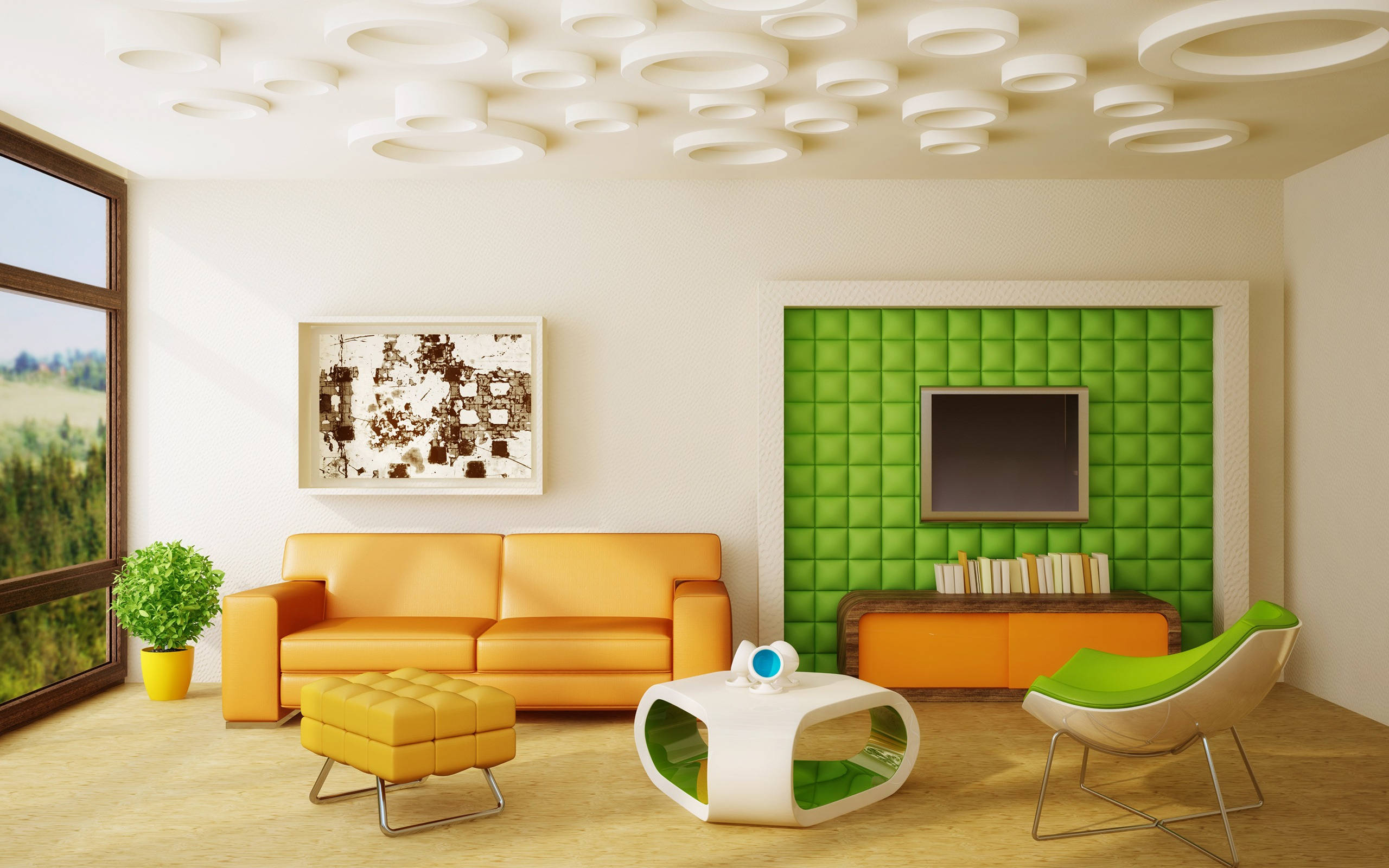3D ceiling design, orange sofa, green accent wall, 2K Desktop Wallpaper
