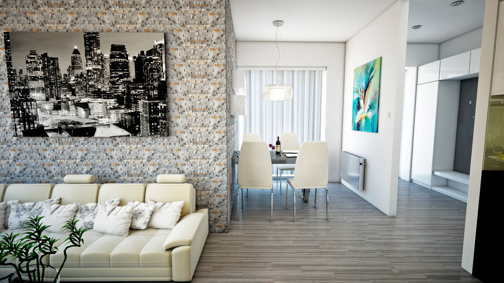 beige sofa, stone accent wall, cityscape art, Full HD Desktop Wallpaper