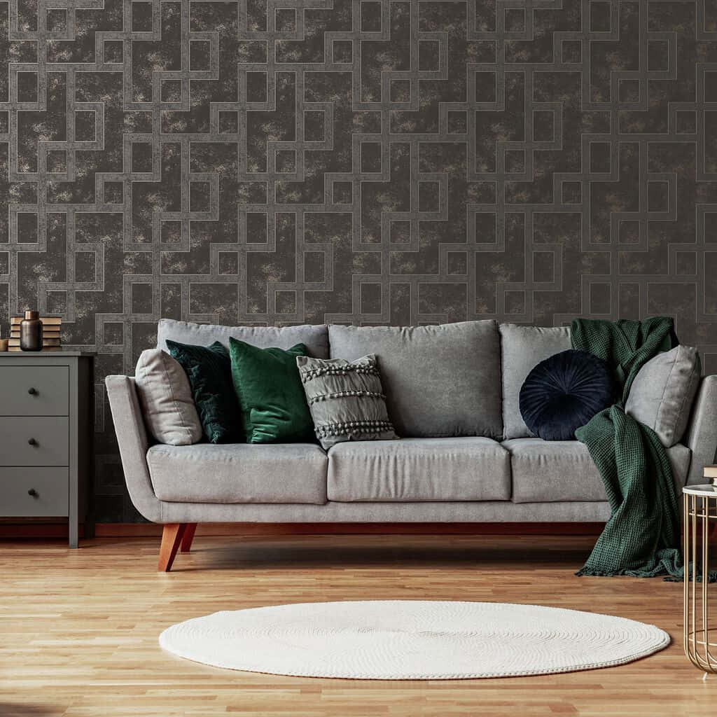 gray sofa, green velvet pillows, dark geometric patterned wallpaper, SD Desktop Wallpaper