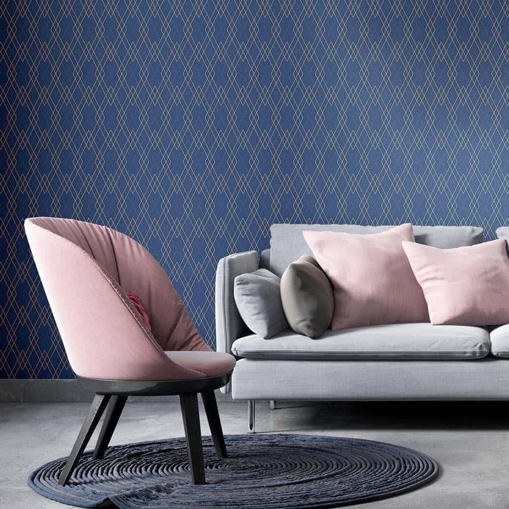 pink velvet chair, gray sofa, blue geometric wallpaper, SD Desktop Wallpaper