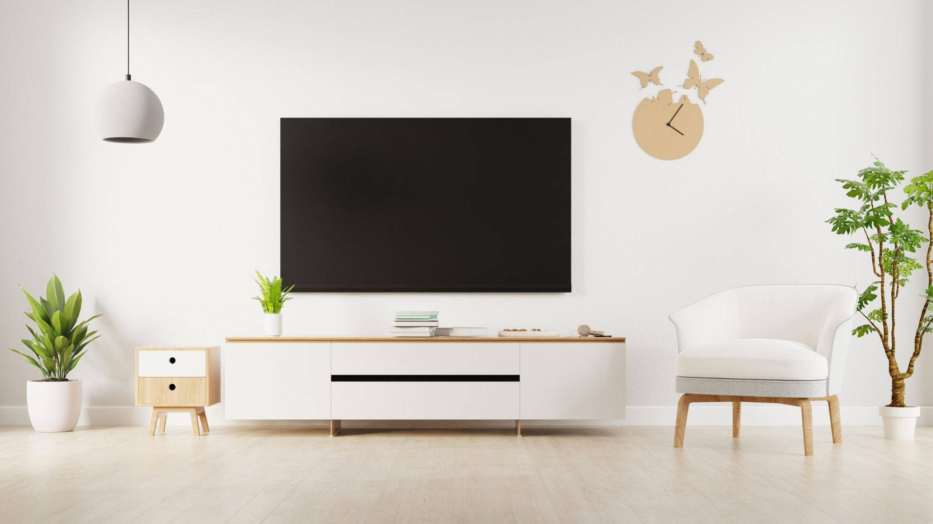 TV cabinet, modern living room, white furniture, Full HD Desktop Wallpaper