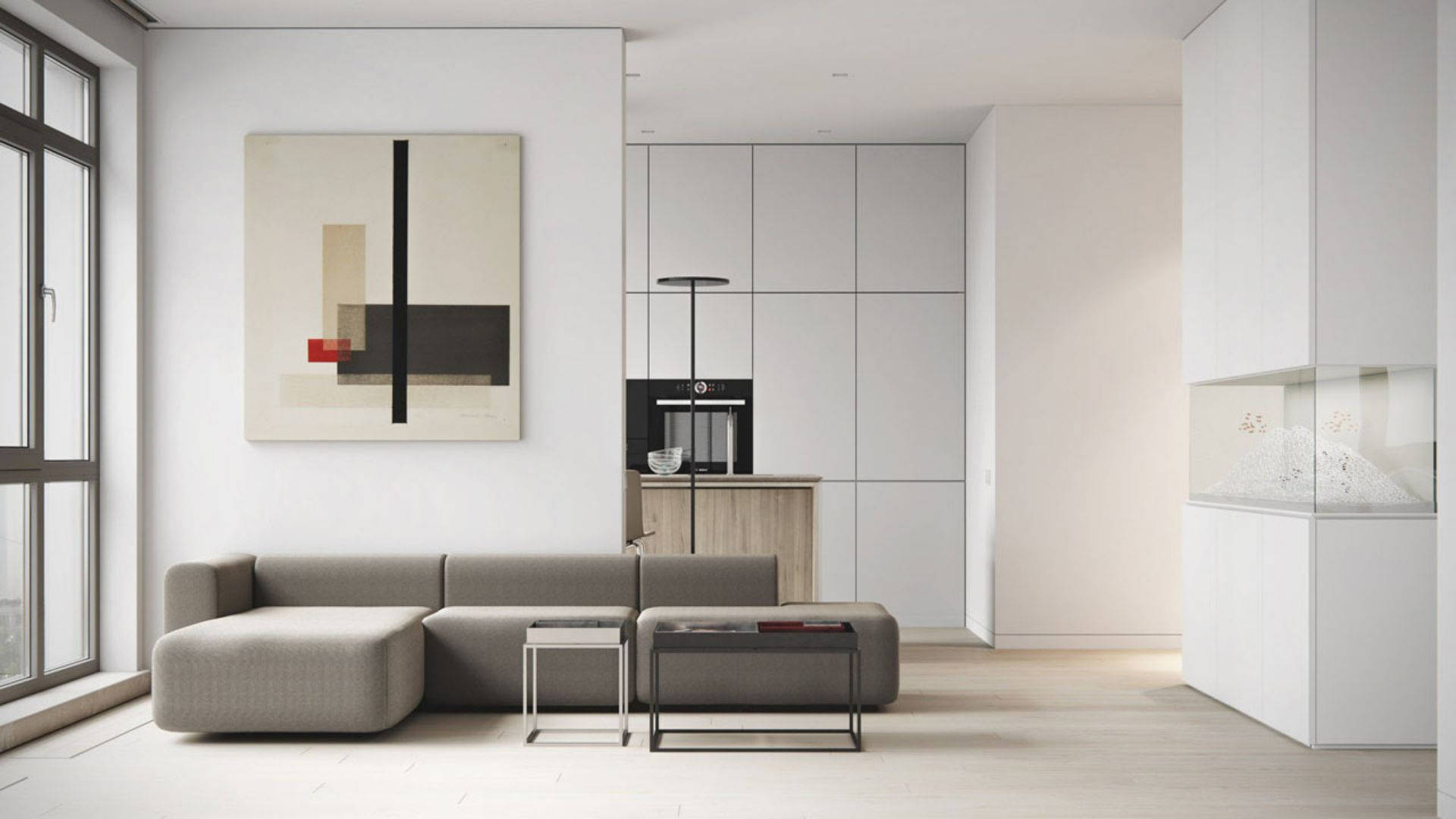 minimalist modern living room, gray sectional sofa, abstract art, Full HD Desktop Wallpaper