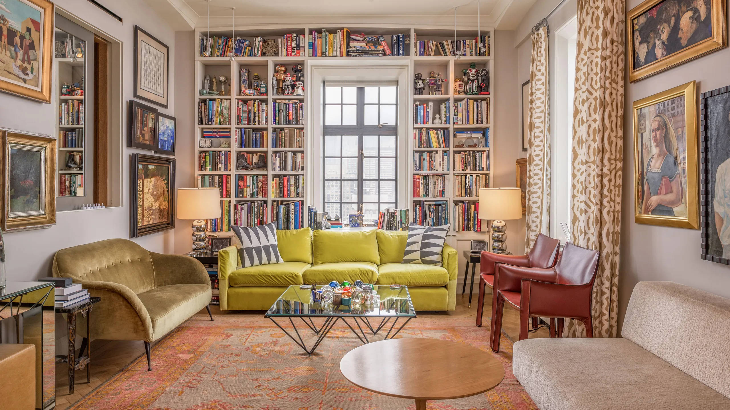 living room, lime green sofa, bookshelves, 2K Desktop Wallpaper
