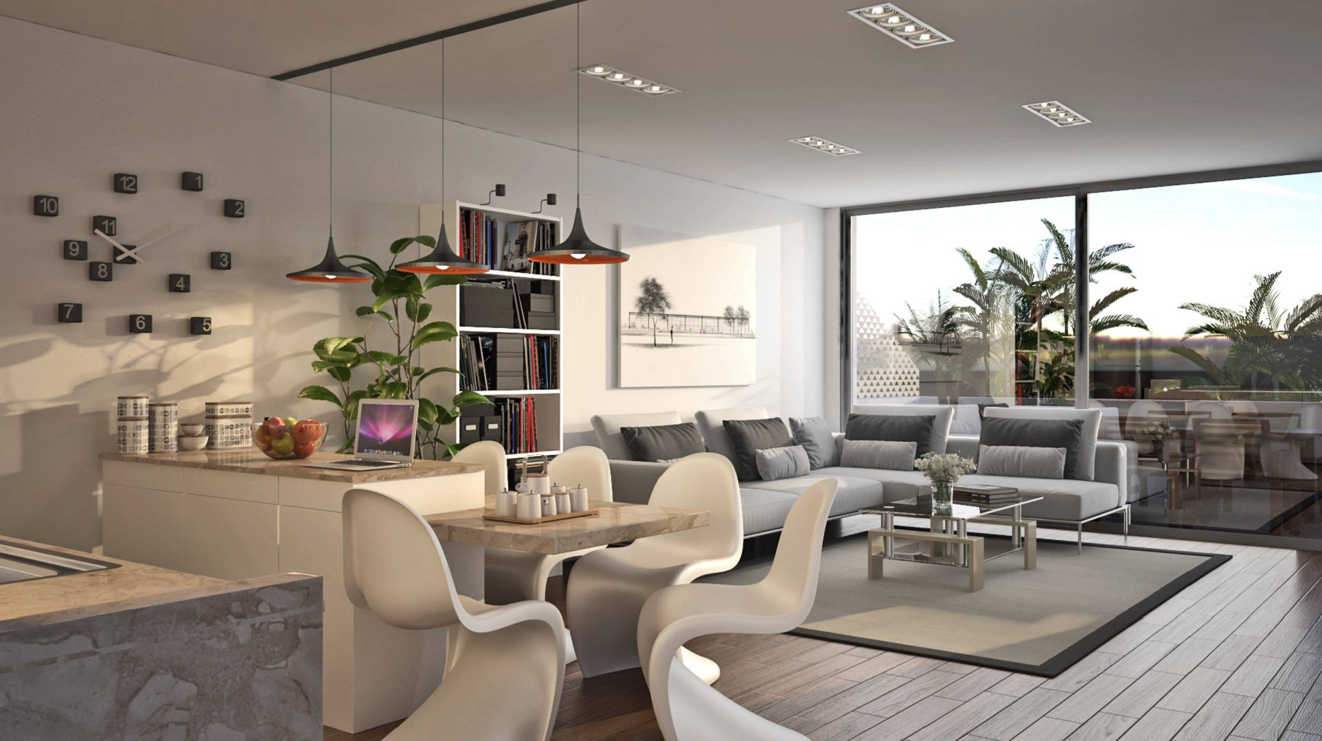 living room, glass door, white furniture, Full HD Desktop Wallpaper