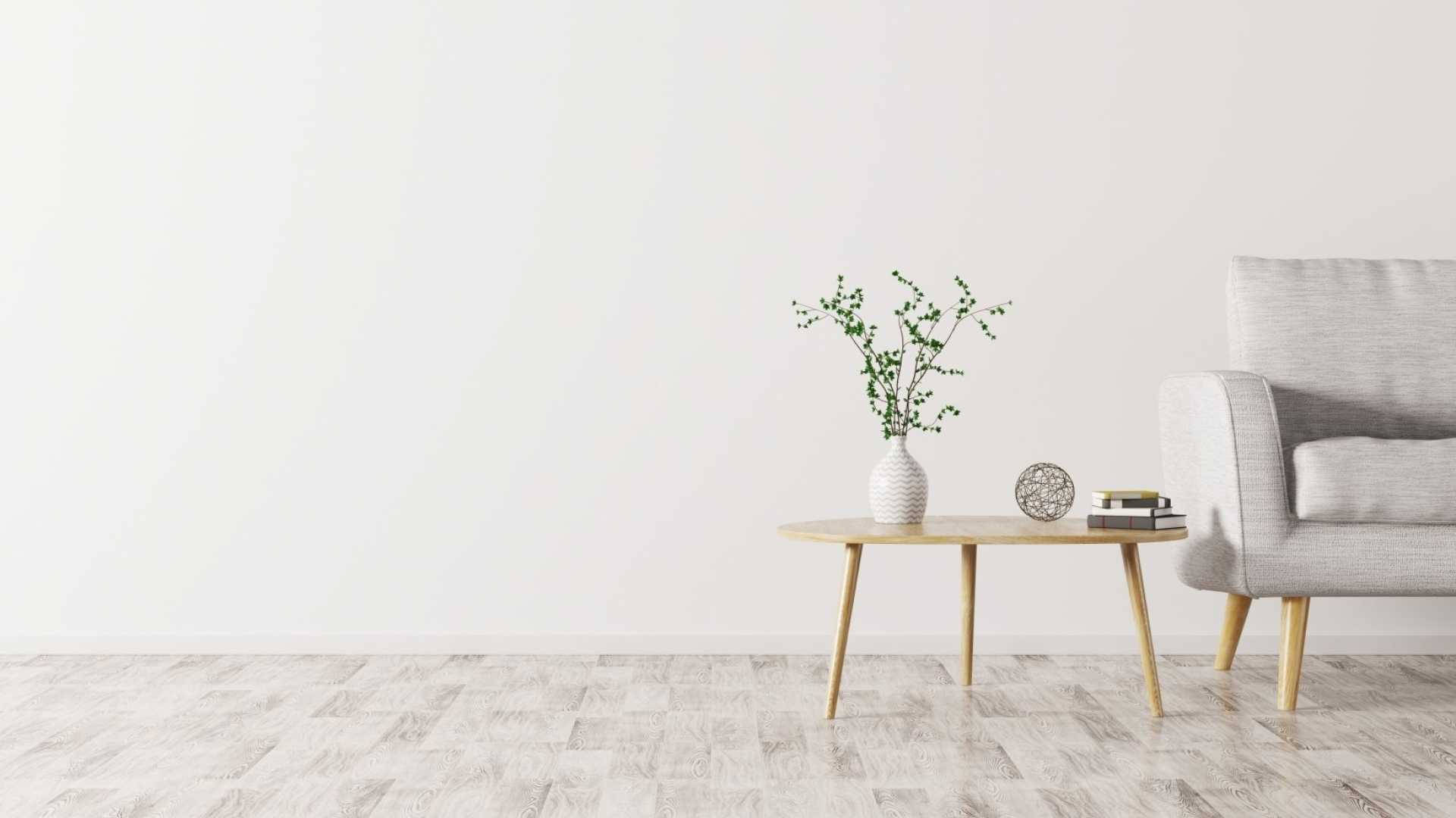 minimalist white living room, gray armchair, wooden table, Full HD Desktop Wallpaper