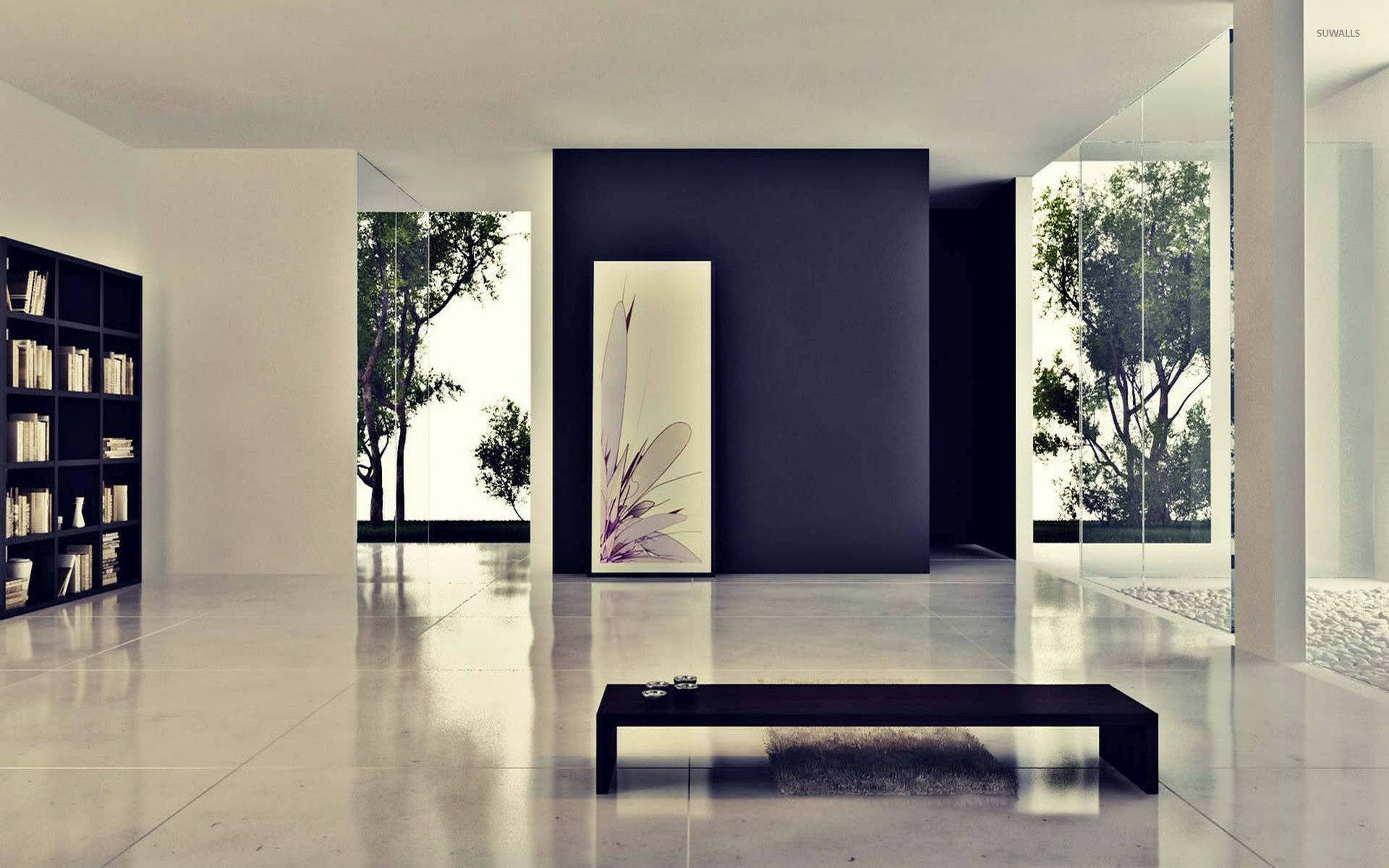 dark blue theme, glossy floors, black furniture, Full HD Desktop Wallpaper