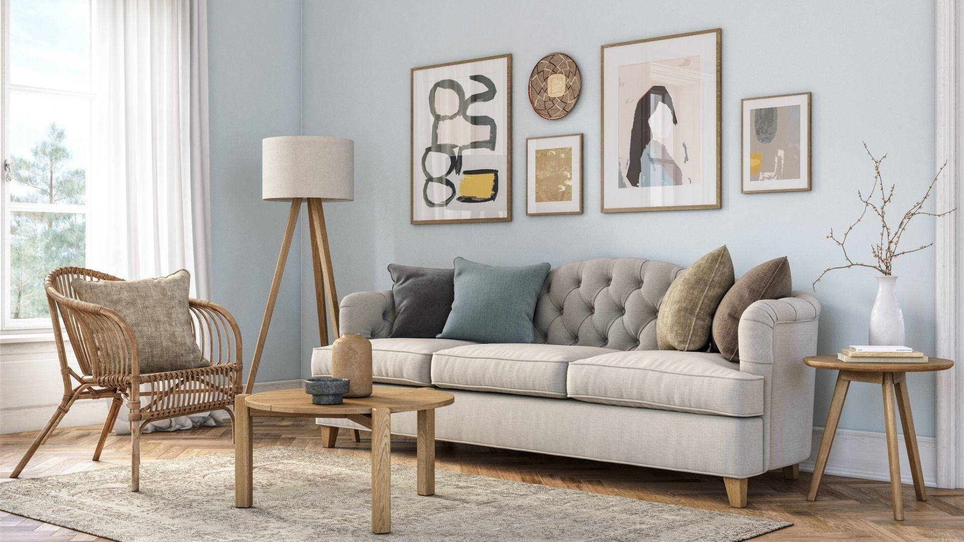 light blue, tufted gray sofa, wooden furniture, Full HD Desktop Wallpaper