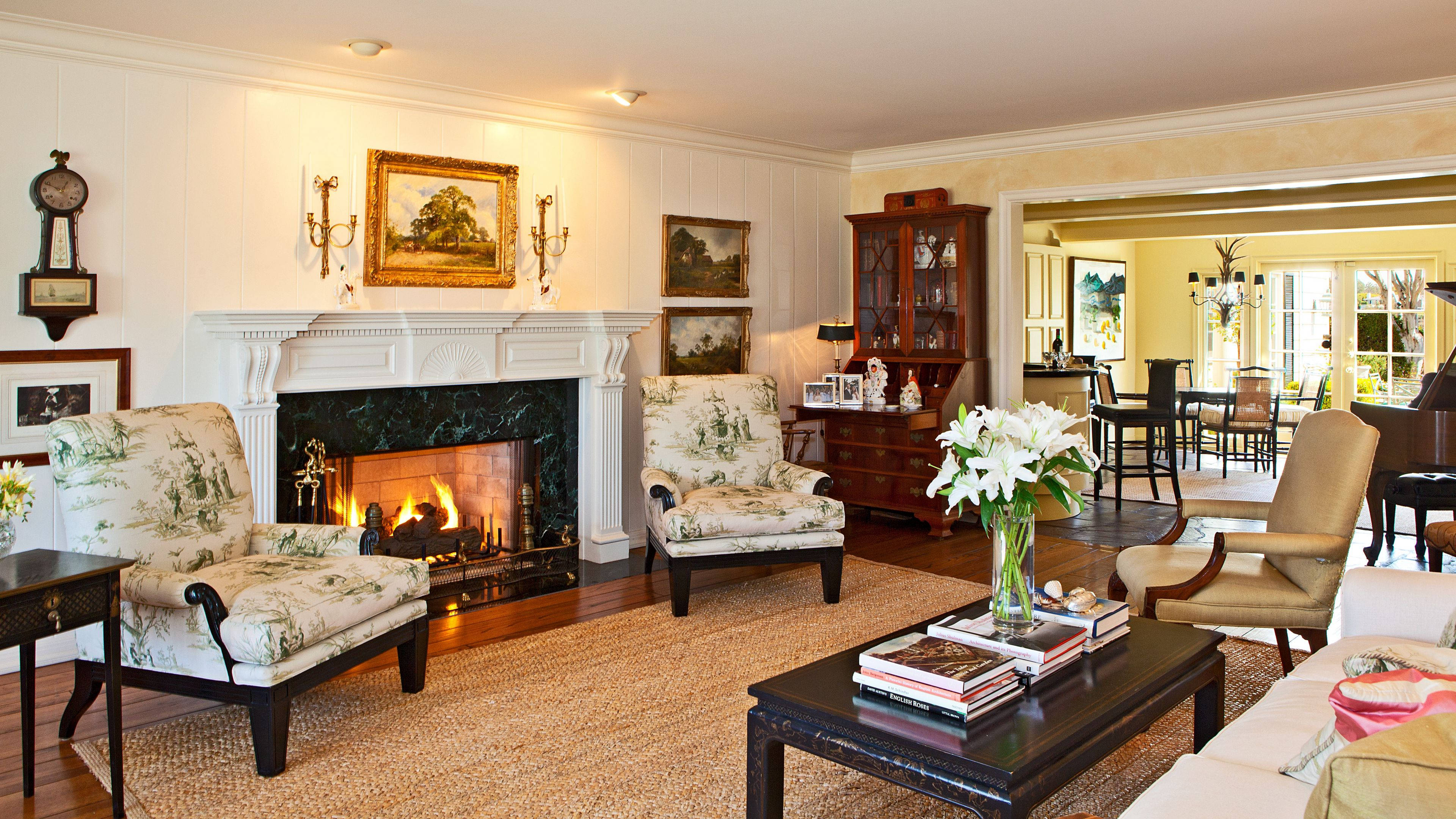French Country interior design, cozy living room, roaring fireplace, 4K Desktop Wallpaper