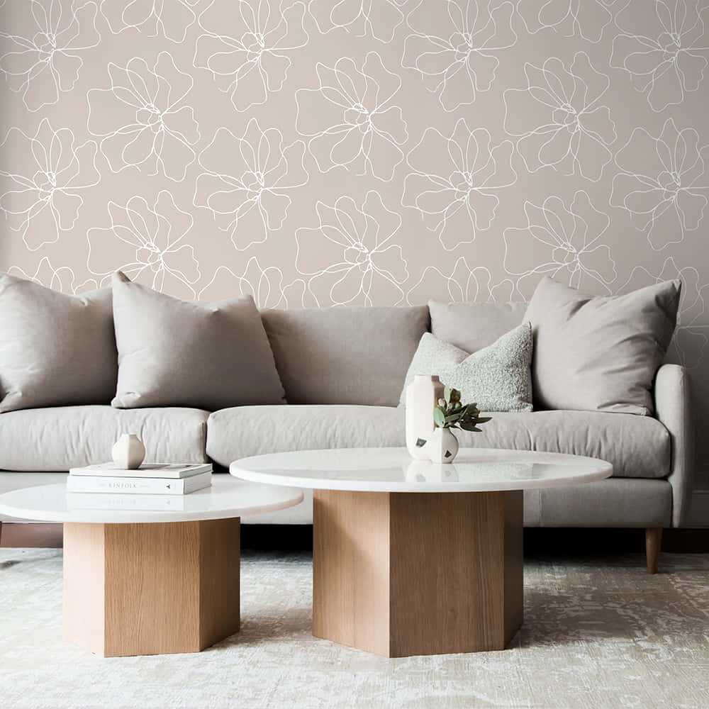 beige floral wallpaper, gray sofa, wooden coffee tables, SD Desktop Wallpaper