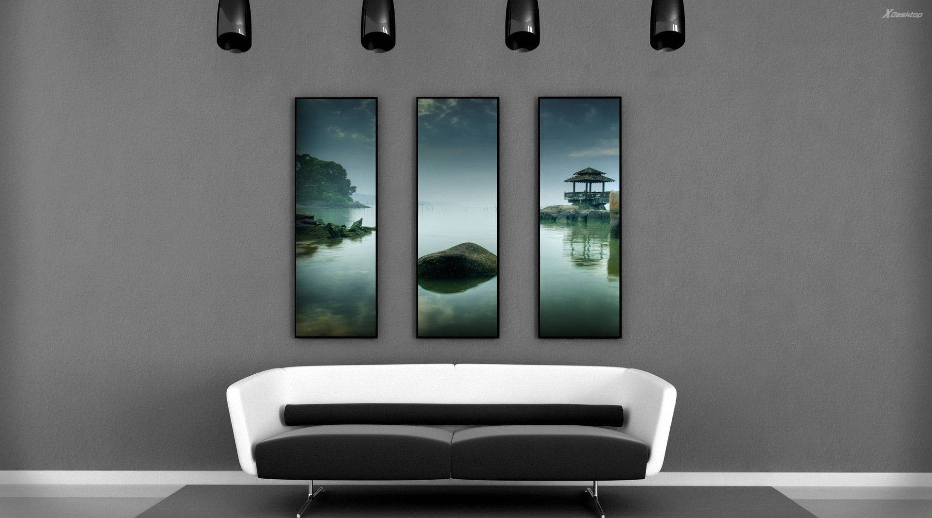minimalist gray theme living room, white sofa, triptych wall art, Full HD Desktop Wallpaper