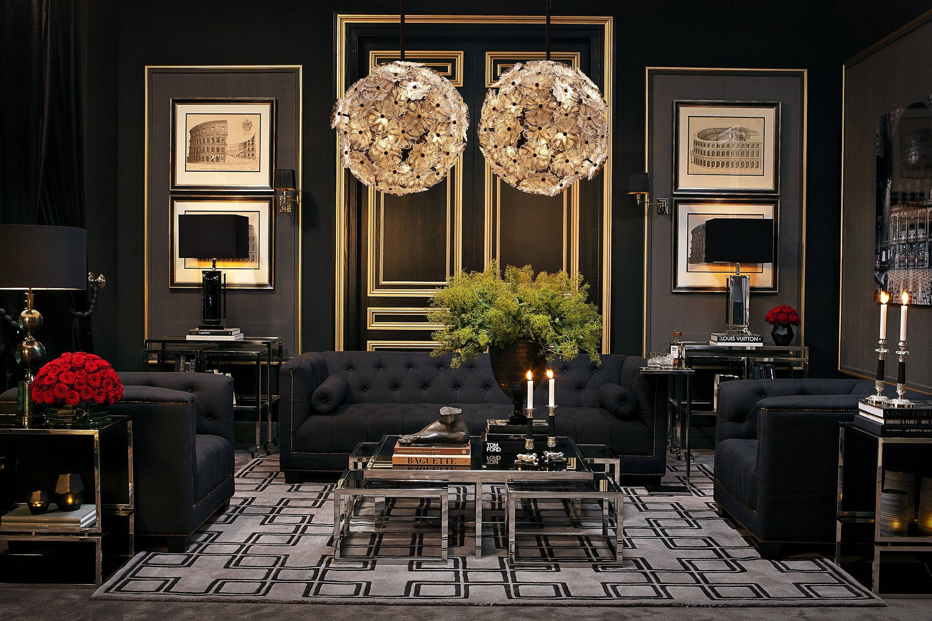 elegant black themed living room, black and gold, ornate chandeliers, Full HD Desktop Wallpaper