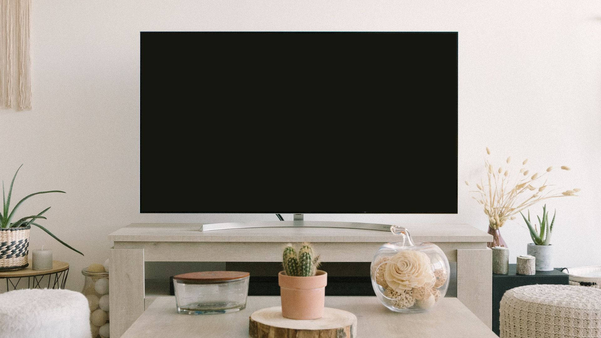 minimalist living room, sleek TV, light wood stand, Full HD Desktop Wallpaper