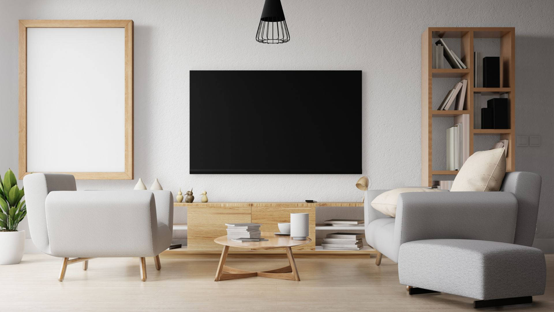 minimalistic mounted tv cabinet, gray sofas, wooden coffee table, Full HD Desktop Wallpaper